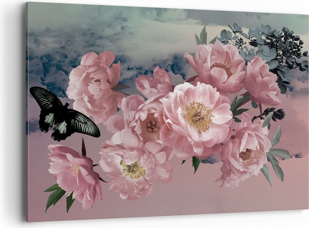 Bild auf Leinwand - Leinwandbild - Einteilig - Blumen Schmetterling Wolken - 100x70cm - Wand Bild - Wanddeko - Wandbilder - Leinwanddruck - Bilder ...