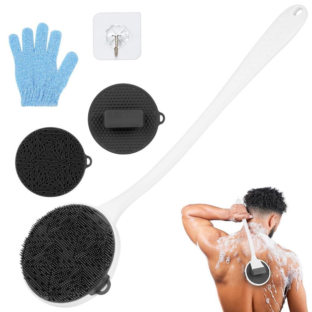 Silikon-Körperpeeling-Schwamm mit langem Griff, 3-teiliges Set aus abnehmbaren Silikon-Körperpeelings, Körperbürste, Duschbürste und langer R...