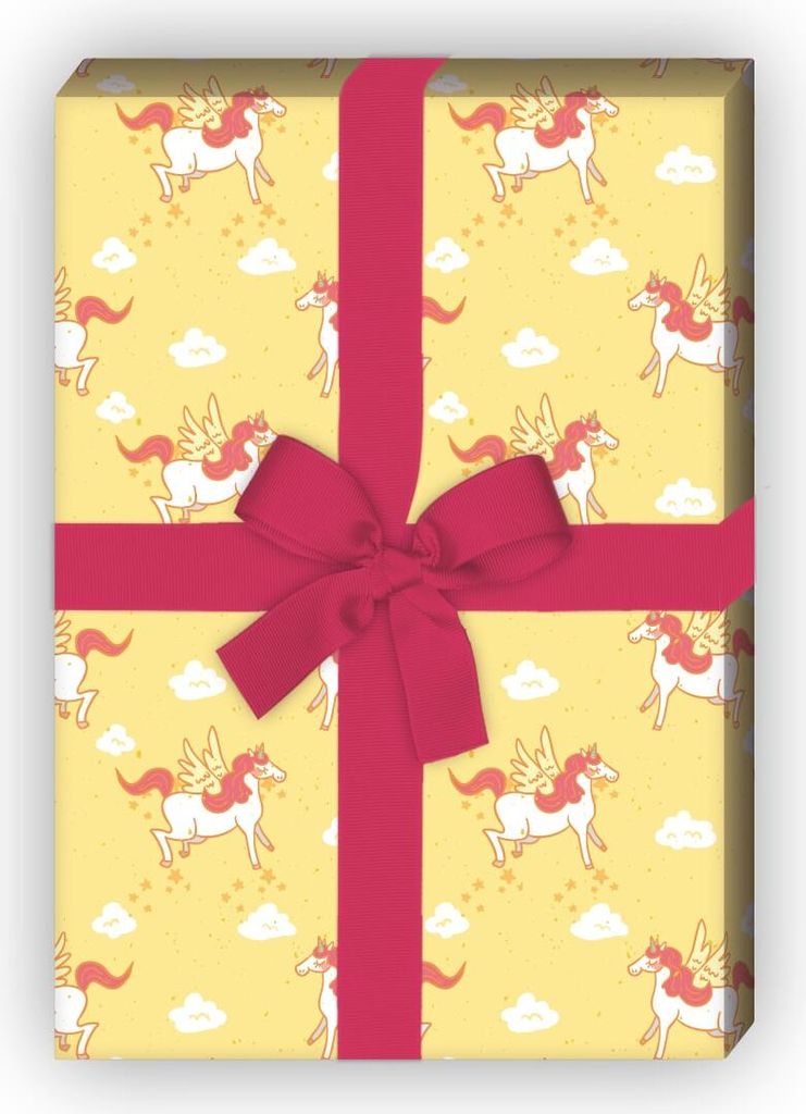 Märchenhaftes Geschenkpapier mit geflügeltem Einhorn auf gelb - G7589, 32 x 48cm