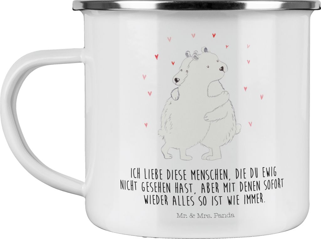 Mr. & Mrs. Panda Teetasse Eisbär Umarmen - Weiß - Geschenk, Emaille Becher, blechbecher, Tasse, Teebecher, Pott, Lustige Sprüche