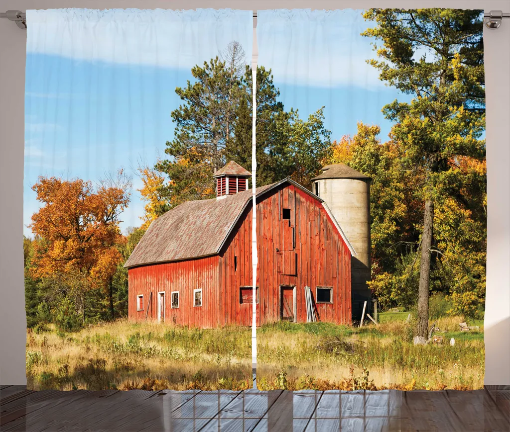 Rideau imprimé motif paysage grange et silo arbres rustique 280x225 cm