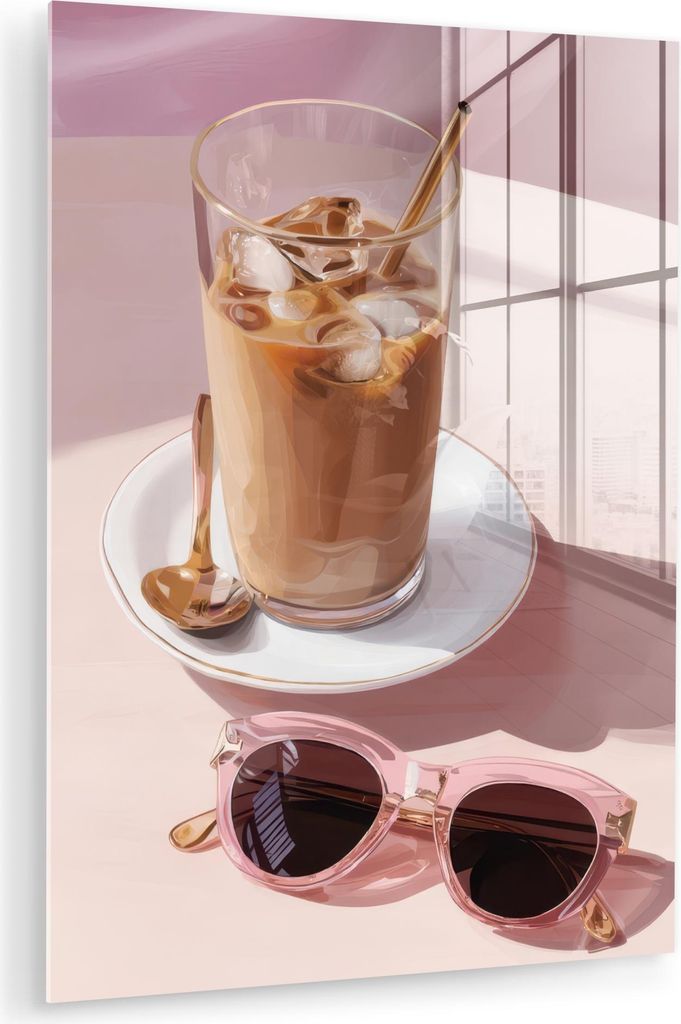 MuchoWow Glasbilder - Bilder auf Wandbild - Foto auf Glas Eiskaffee - Sonnenbrille - Gold 30x40 cm Wanddekoration aus Glas - Acrylglasbild - Acrylb...