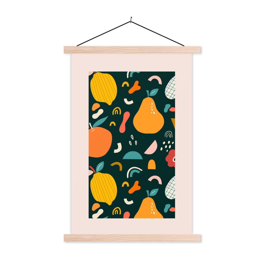 MuchoWow Textilposter Lebensmittel - Obst - Blumen - Muster 40x60 cm mit holzfarbenen Rahmen - Poster