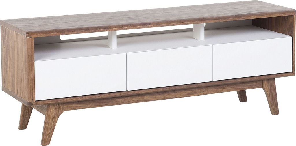BELIANI Fernsehtisch Dunkler Holzfarbton Weiß MDF Platte 53 x 140 x 39 cm Modern Glamourös Trendy Praktisch 3 Schubladen Viel Stauraum Wohnzimmer