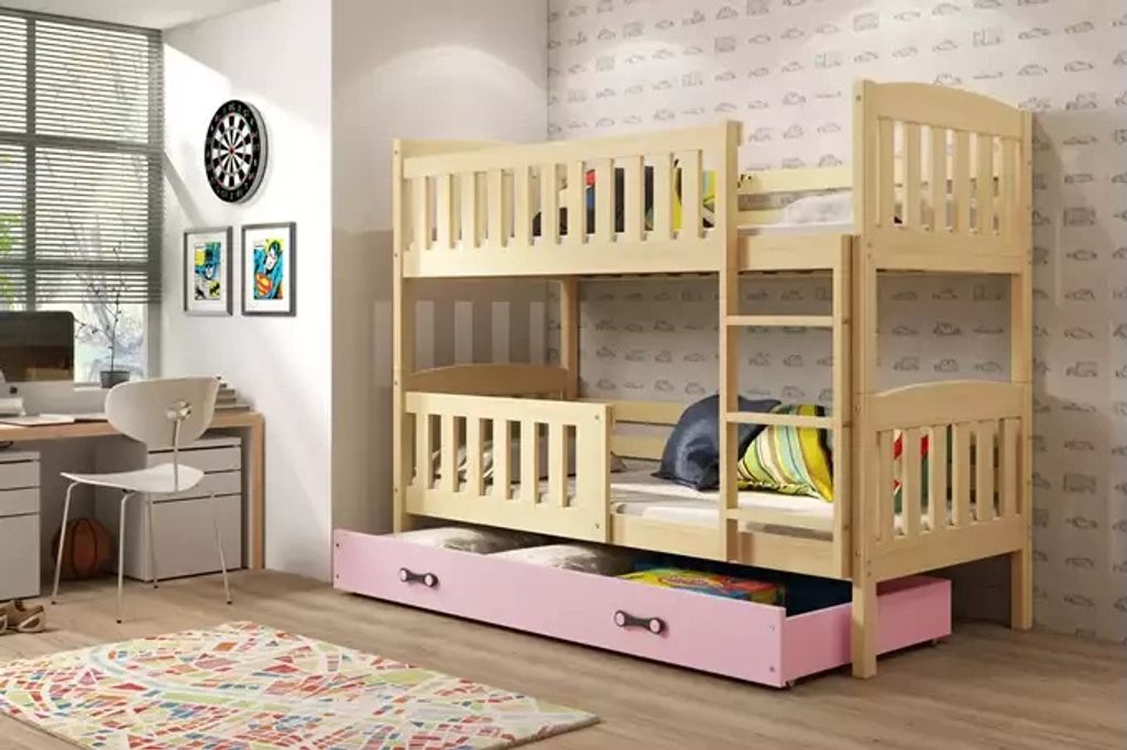 Kinderhochbett mit Stauraum und Matratzen 80x190 BRIGID – Kiefer / Rosa