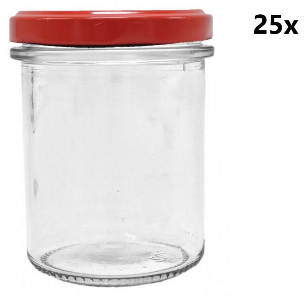 A clear glass jar with a red lid, presented on a white background.