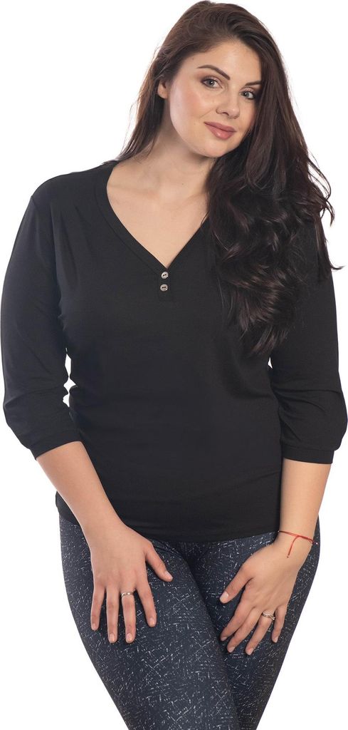 Damen Bluse – T-Shirt mit 3/4-Ärmeln, spitzen Halsausschnitt und zwei Zierknöpfen an der Knopfleiste. SCHWARZ: M