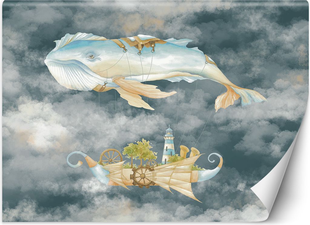 Vlies fototapete für Kinderzimmer Fliegender Wal und Schiff 200x140 cm Feeby Grau inkl. Kleber einfache Montage