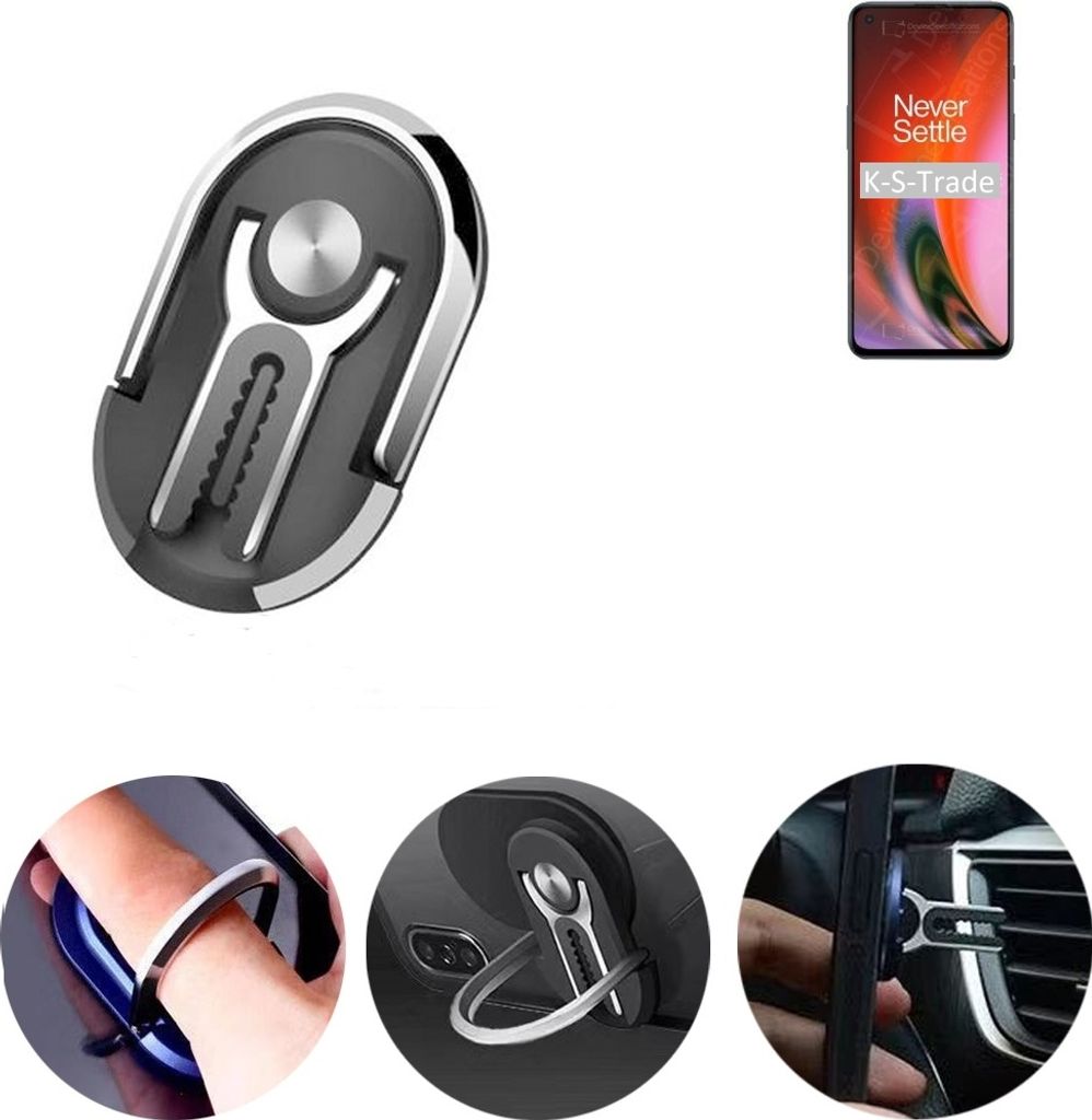 K-S-Trade 3in1 Smartphone-Ring Handy-Ring kompatibel mit OnePlus Nord 2 5G Fingerhalterung Handyring Tischständer Lüftungsgitter-Halterung Tisch