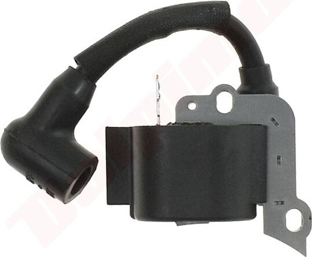 A close-up studio shot of a black ignition coil with a black wire and boot, mounted on a gray metal bracket.