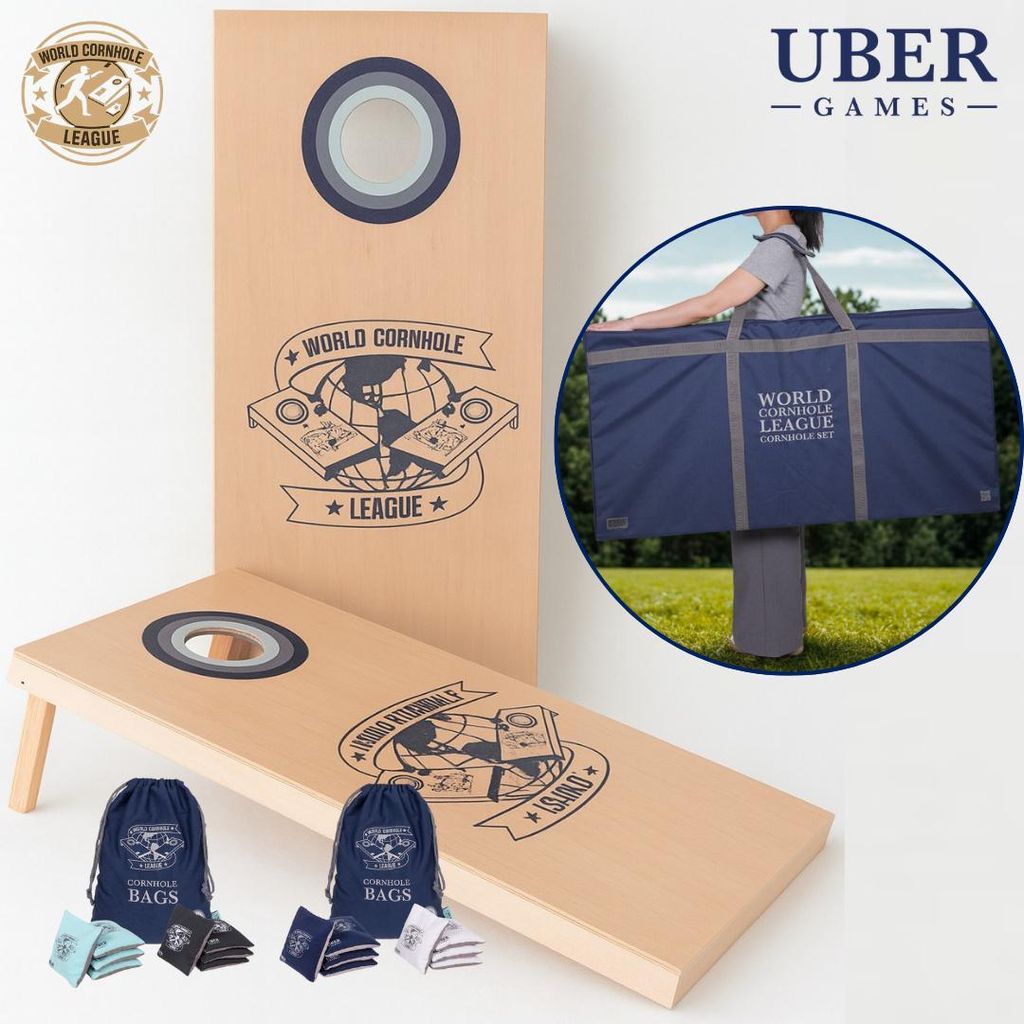 World Cornhole League - mit Tasche - 120 x 60 cm großes Doppelbrett-Set - 100% Holz - 16 super Bean Bags - Ubergames