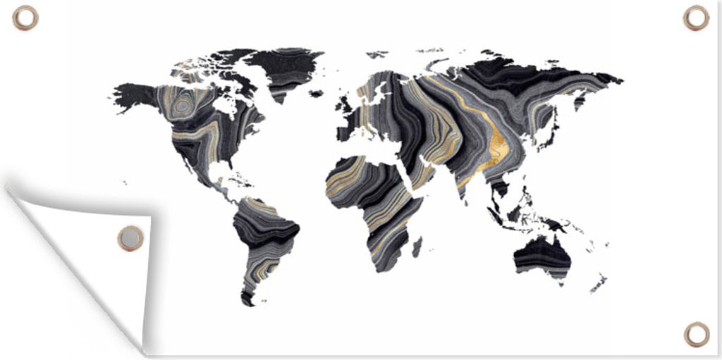 MuchoWow 60x30 cm Outdoor-Poster Gartendeko Sichtschutz Garten Poster für den Garten Weltkarte - Gold - Silber - Schwarz