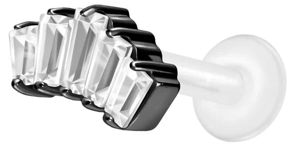 Ohrpiercing, Nasenpiercing PTFE Labret mit Innengewinde + Titan-Aufsatz 5 EINGEFASSTE KRISTALLRECHTECKE Schwarz Stablänge: 9mm | Stabstärke: 1,2mm