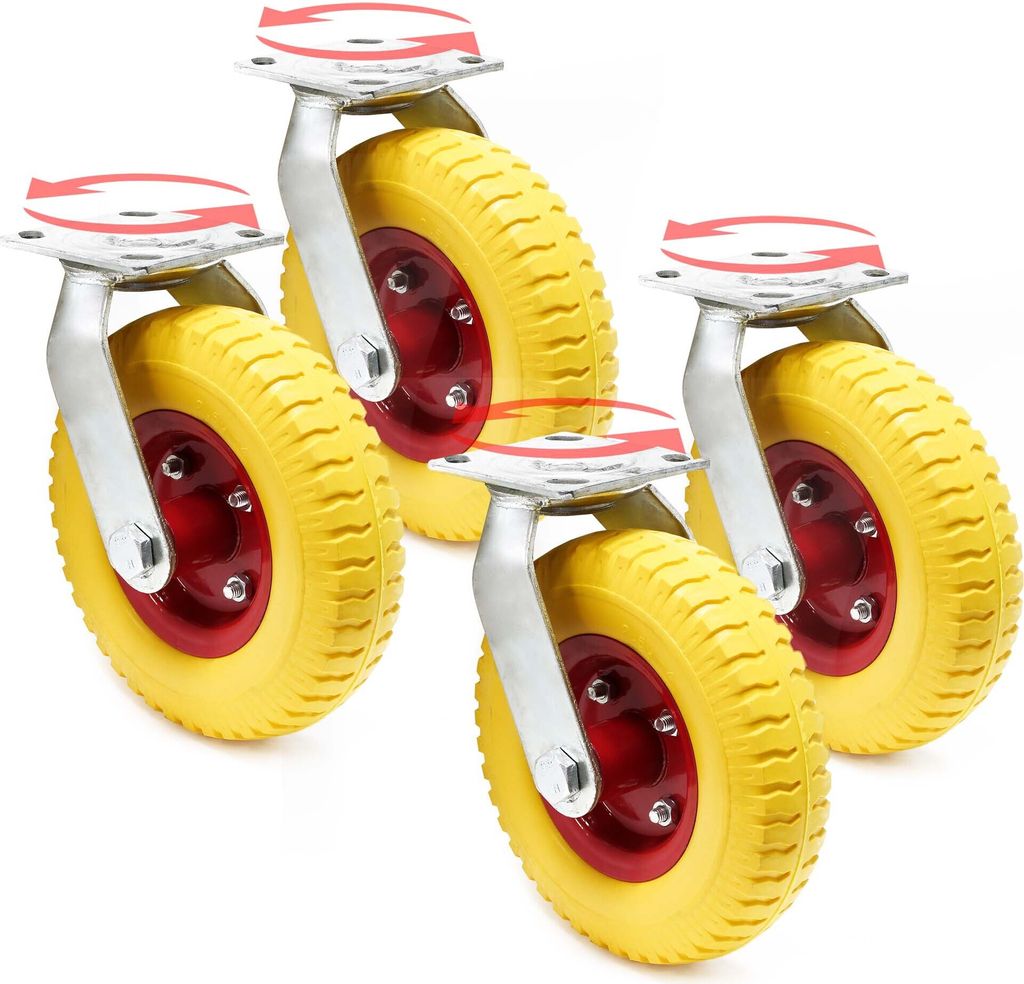 Wiltec Lenkrollen Set 4x Ø220mm Transportrolle 58mm breit bis 100kg pro Rad gelb aus Vollmaterial mit schwingender Halterung, pannensicher, leiser...