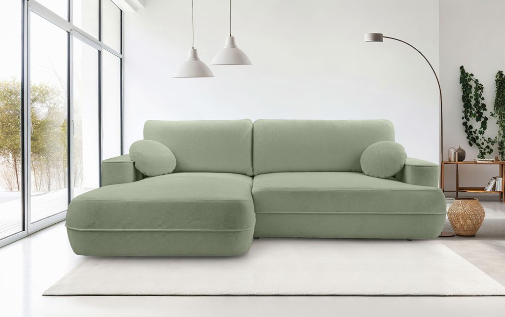 DomoHome Ecksofa FUEGO 260x168 cm Hellgrün Linke Seite Mit Schlaffunktion 140x240 cm, Skandinavisches Design, Schlafsofa Mit Bettkasten, Bubble St...