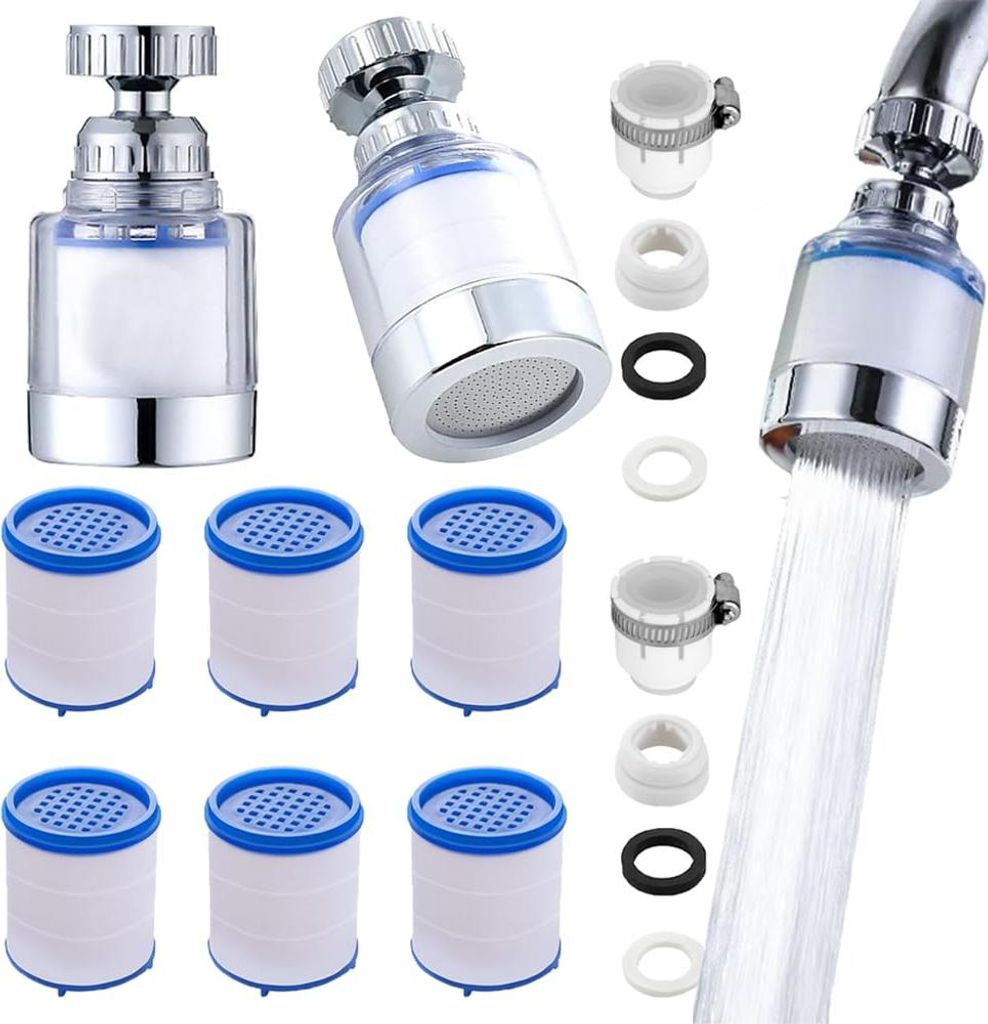 2 Stück Wasser-Kalkfilter - 360 Grad drehbare Wasserhahn - mit 6 Filterelementen aus PP-Baumwolle - für Waschbecken Küche und Badezimmer.