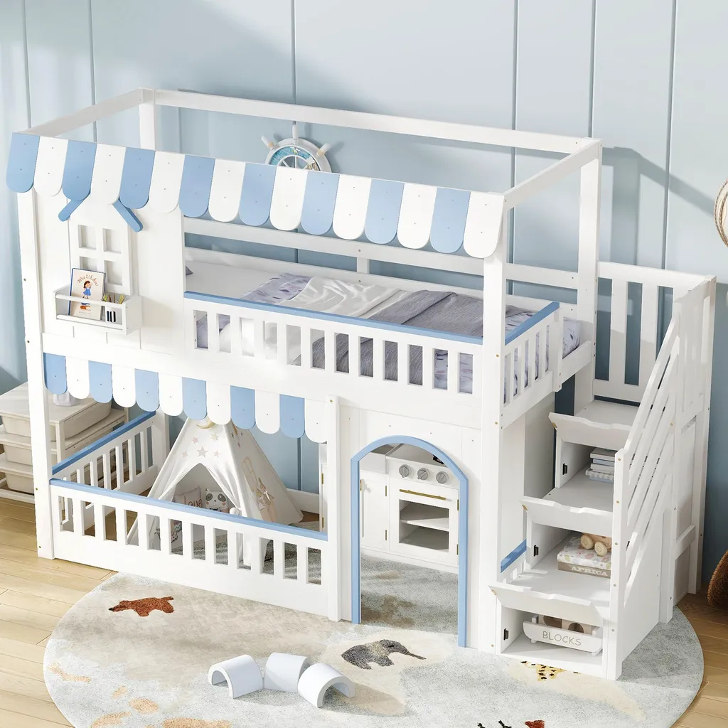 OKWISH Lit Superposé Enfant 90x200 cm - Lit Cabane avec Escalier Blanc