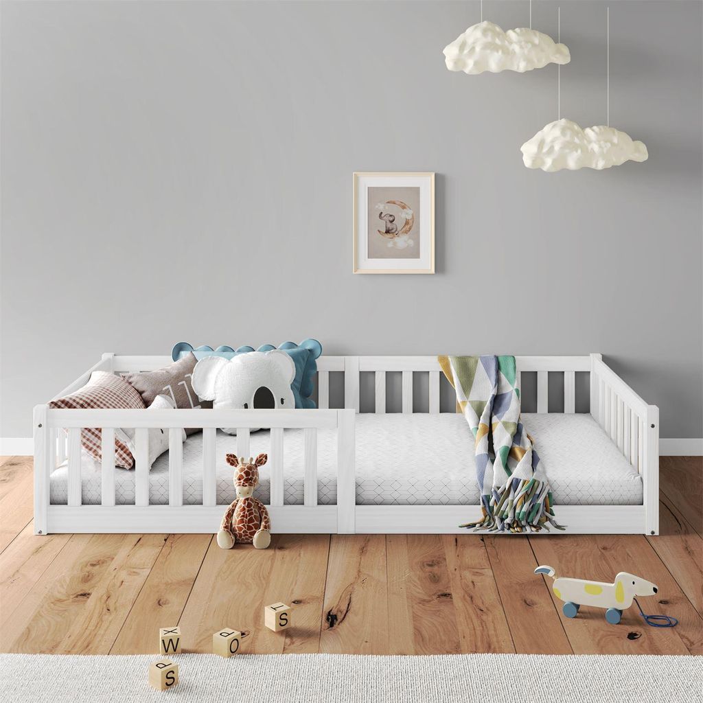 Bodenbett GUSTAVO mit Rausfallschutz Kiefer Massiv – Weiß 90 x 190 cm Bodenbett mit Rausfallschutz Montessori-Kinderbett