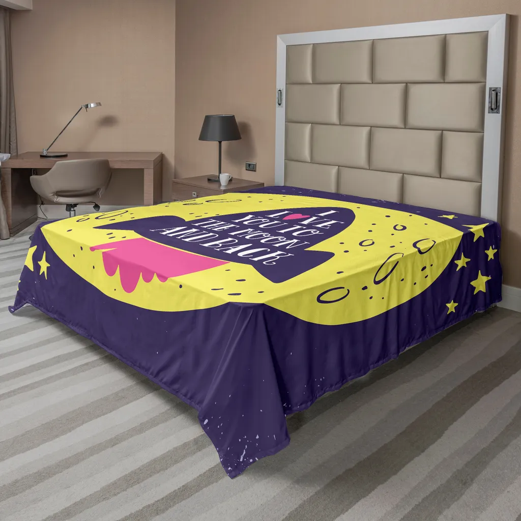 Drap Plat Confortable Motif Fusée et Lune Jaune Indigo 244 x 205 cm
