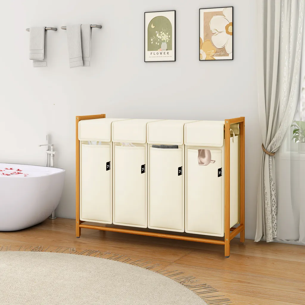 AdelDream Panier à Linge Trieur 4 Compartiments en Bambou 200L Beige