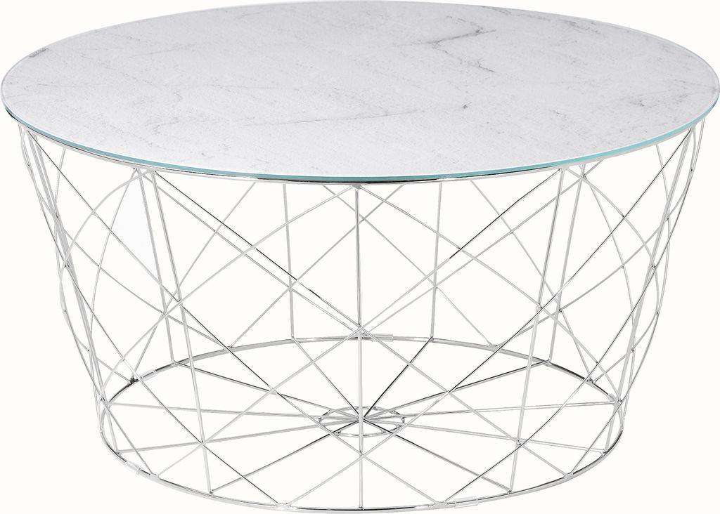 SalesFever Couchtisch mit Metallkorb Ø 80 cm | Glasplatte foliert in Marmor-Optik | Gestell Metall | B 80 x T 80 x H 45 cm | weiß-chrom