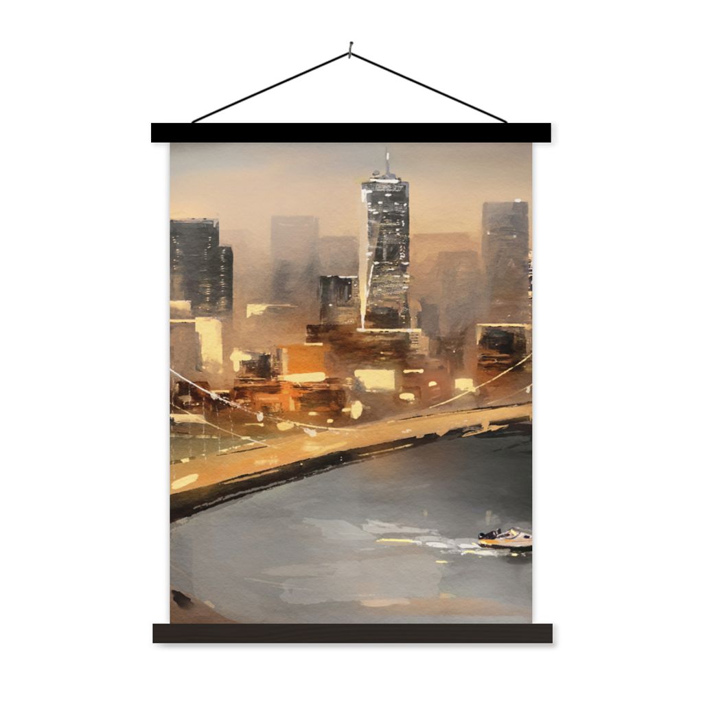 MuchoWow Textilposter Gemälde - Öl - Skyline - Stadt - Wasser 90x120 cm mit schwarzem Rahmen - Dekoration
