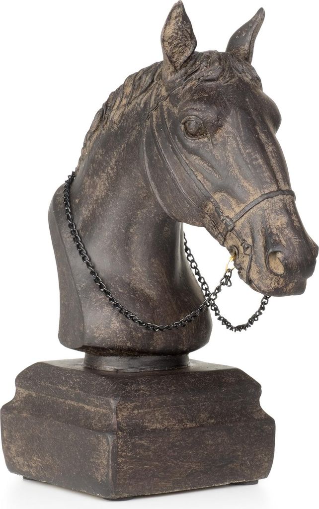 A dark brown polyresin sculpture of a horse's head on a dark brown base, with a black chain around its neck.