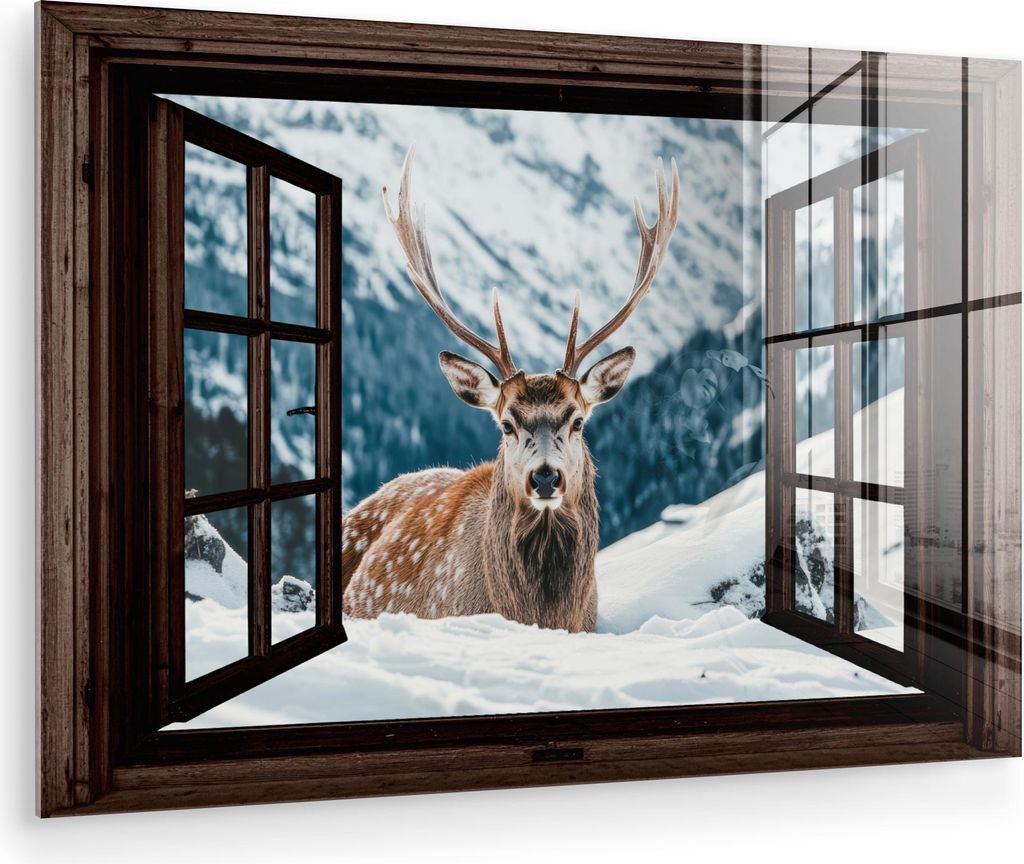 MuchoWow Glasbilder - Bilder auf Wandbild - Foto auf Glas Hirsche - Landschaft - Winter - Natur - Tiere - Ansichten - Berge 90x60 cm Wanddekoration...