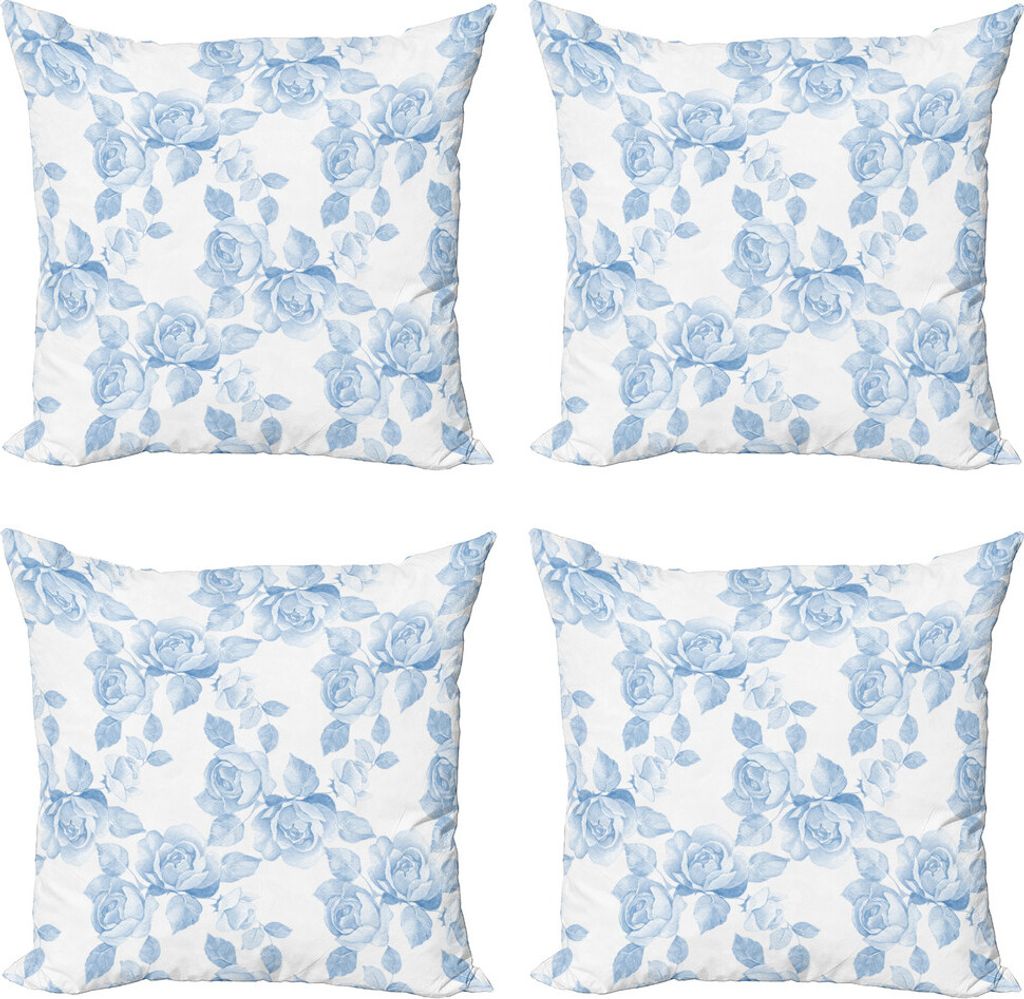ABAKUHAUS Rose Kissenbezug Set (4 Stück), Floral Dreamy Ast, Moderner Doppelseitiger Digitaldruck, 60 cm x 60 cm, Weich Blau Weiß