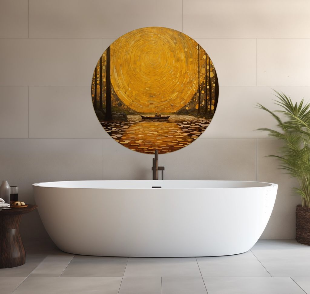 Wallario wasserfestes Poster selbstklebend 90 x 90 cm, Goldene Flussfahrt, Badezimmerposter Spritzschutz mit Hochglanzoberfläche in Glasoptik