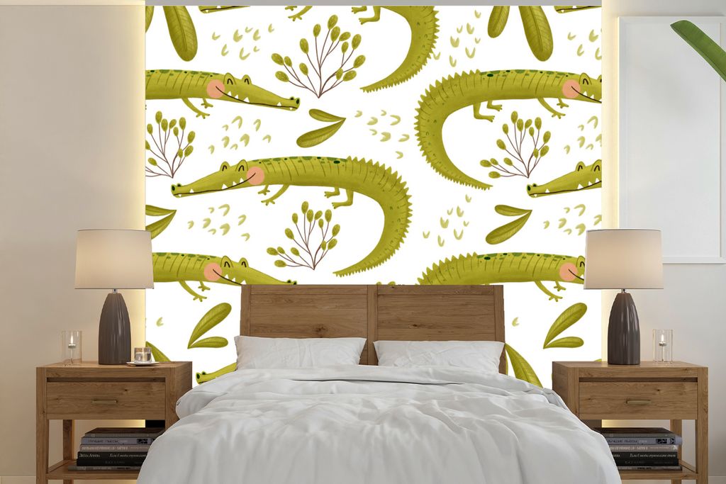 MuchoWow Fototapete für Wohnzimmer oder Schlafzimmer Wandtapete Vinyl Motivtapete Dschungel - Krokodil - Grün - 350x350 cm - Schlafzimmertapete