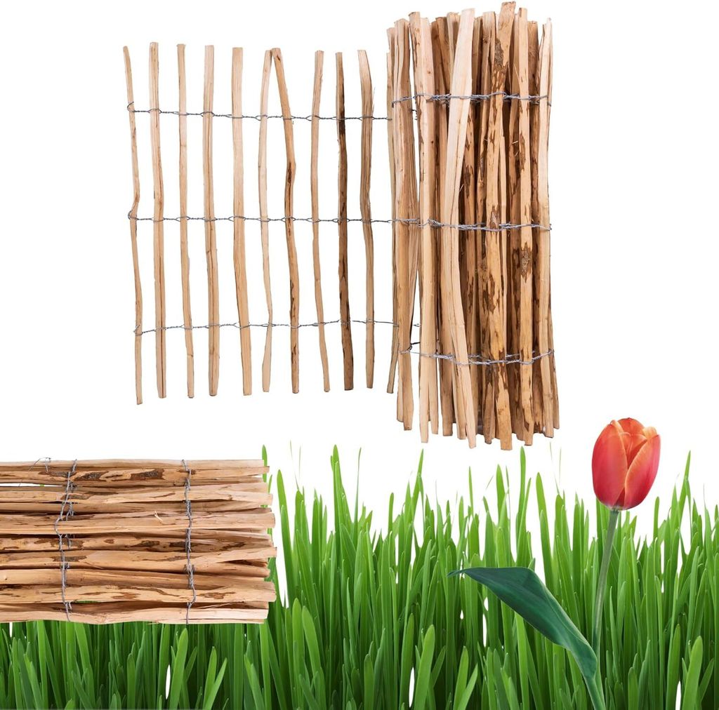 Ogrodzenia Wiklinowe Staketenzaun H:100 cm L:5m Lattenabstand 4-5 cm Gartenzaun Beetumrandung Haselnuss Holz Steckzaun Holzzaun Zaunelemente Rollza...