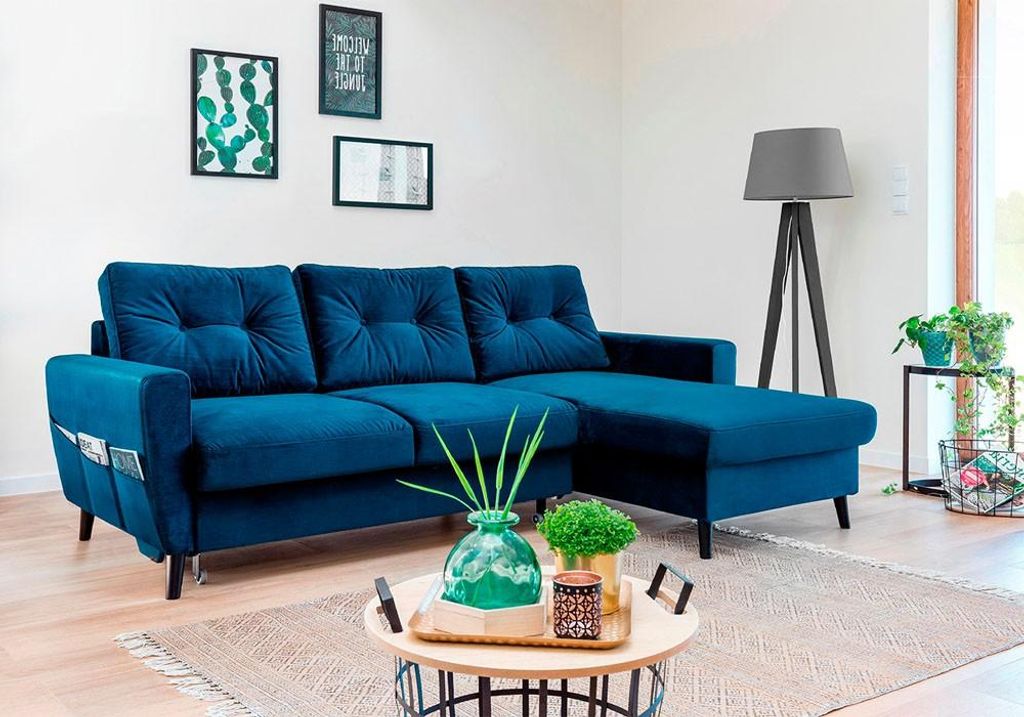 MIUFORM Lars Velours - Ecksofa mit Bettfunktion und Bettkasten - 223x148cm - Marineblau - L-Form Rechts - Schlafsofa Couch