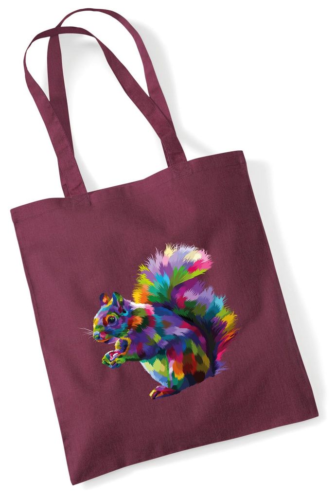 Huuraa Jutebeutel Eichhörnchen Colorful 10 Liter Burgundy Baumwolle Tasche Geschenkidee