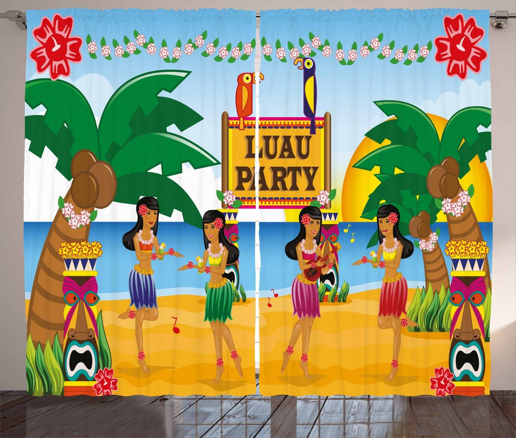 ABAKUHAUS Tiki Bar Rustikaler Gardine, Luau Party-Tanz, Schlafzimmer Kräuselband Vorhang mit Schlaufen und Haken, 280 x 175 cm, Mehrfarbig
