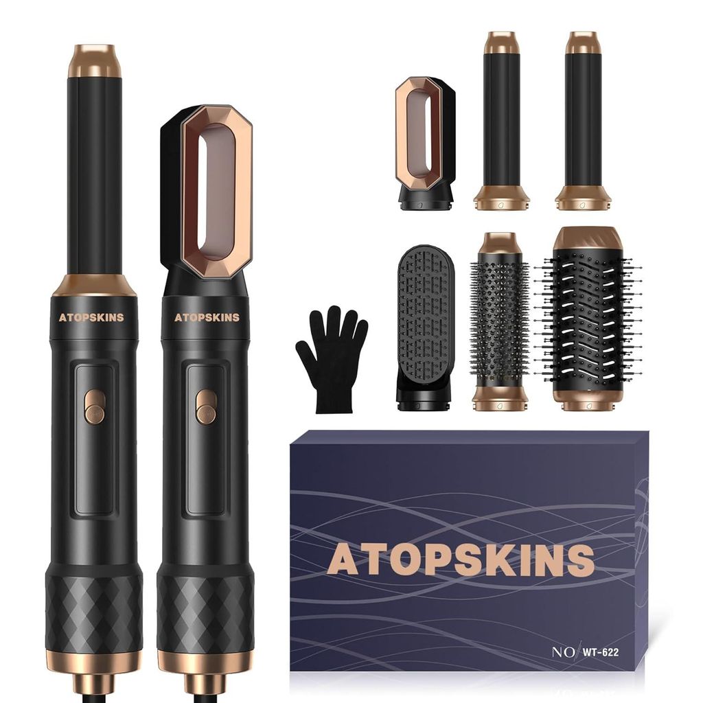 6 in 1 Airstyler Multifunktionaler Warmluftbürste, Rundbürstenföhn, Lockenstab, Glättbürste,Geben Sie dem Haar Volumen, Glätten, Locken und F...