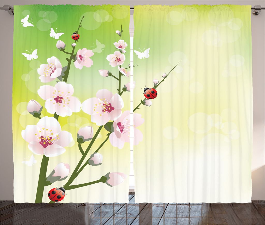 ABAKUHAUS Blumen Rustikaler Gardine, Blüten Marienkäfer Frühling, Schlafzimmer Kräuselband Vorhang mit Schlaufen und Haken, 280 x 245 cm, Grün...