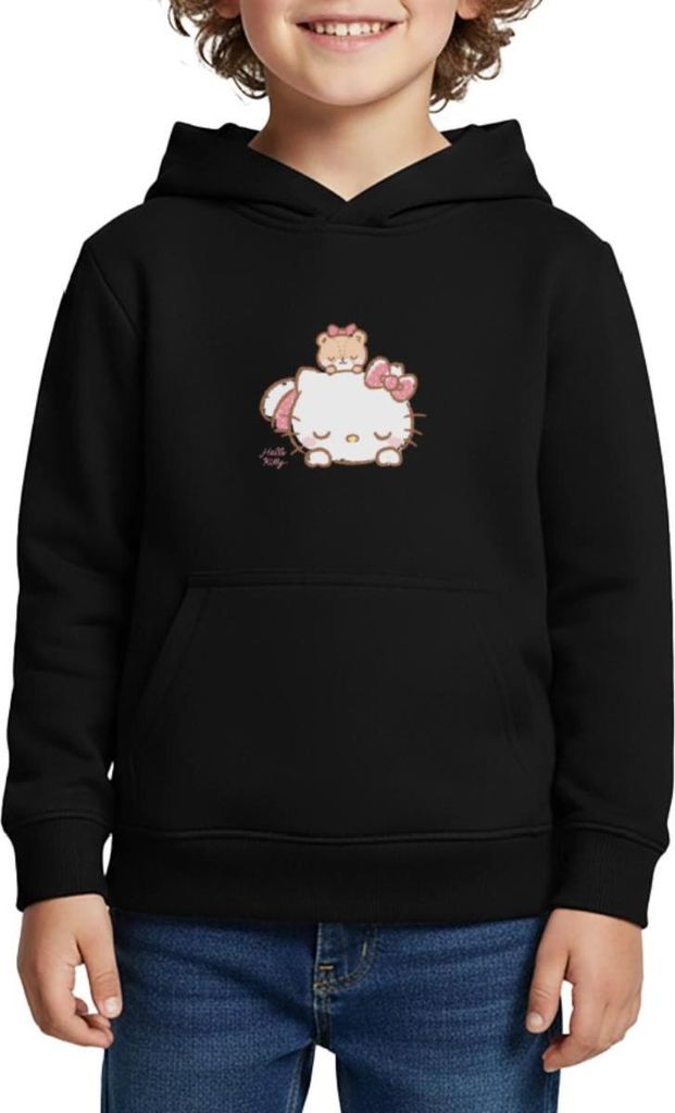 Spreadshirt Hello Kitty Mit Teddy Auf Dem Rücken Kinder Premium Hoodie, 110/116 (4 Jahre), Schwarz