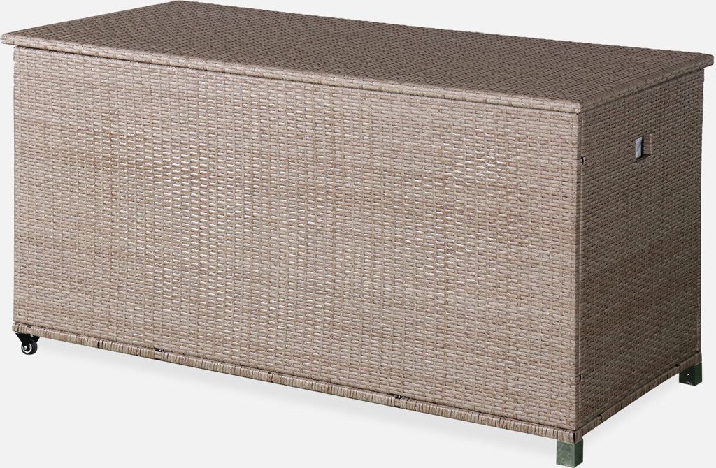A long, rectangular storage box with a woven texture, likely for outdoor use, is shown from a slightly elevated side angle.