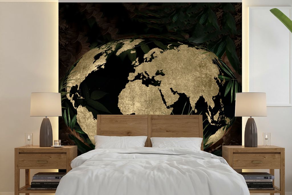 MuchoWow Fototapete für Wohnzimmer oder Schlafzimmer Wandtapete Vinyl Motivtapete Weltkarte - Vintage - Globus - 350x350 cm - Schlafzimmertapete