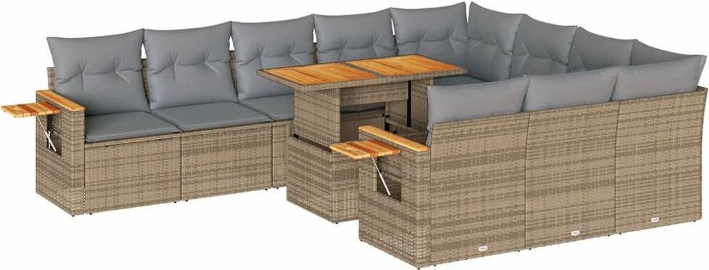 11-tlg. Garten-Sofagarnitur mit Kissen Beige Poly Rattan Akazie
