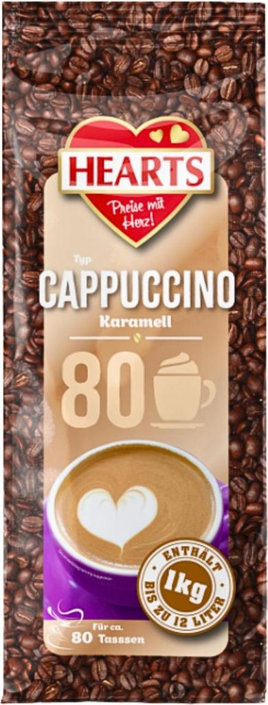 A bag of cappuccino coffee beans with product information and imagery.