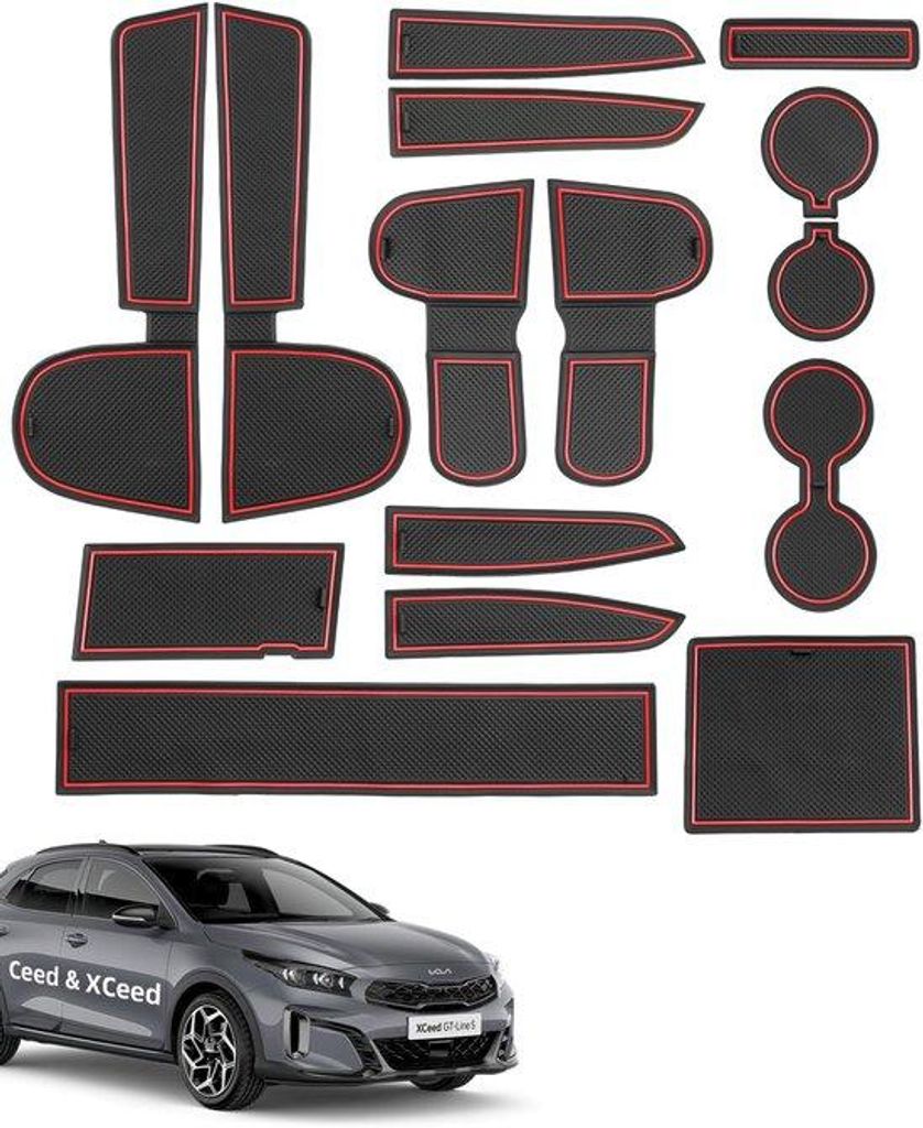 Kia Ceed Antislipmatten, 15 Stück, für Mittelkonsole, Aufbewahrungsfach, Getränkehalter, integrierte Türschwelle, Armlehnenfach, schwarz & rot