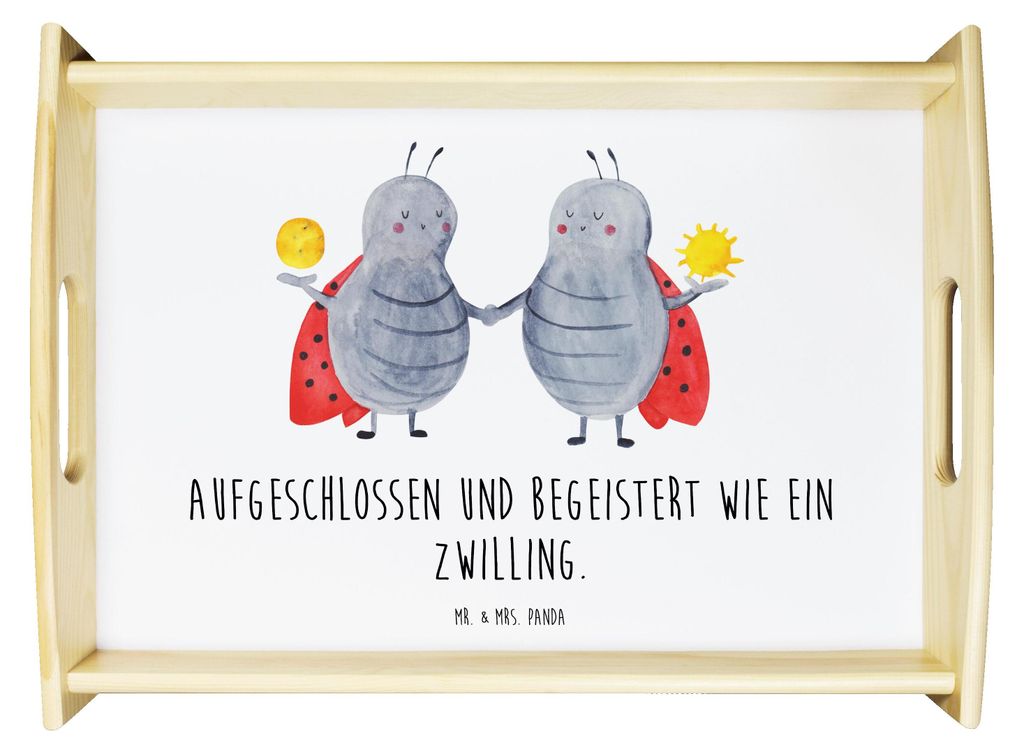 Mr. & Mrs. Panda Holztablett Sternzeichen Zwilling - Weiß - Geschenk, Glückskäfer, sofatablett, Sofa Tablett, betttablett, Serviertablett, Servi...