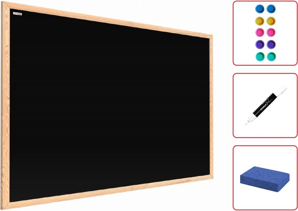 A black magnetic chalkboard with a natural wood frame, shown with accessories like magnets, a marker, and an eraser.