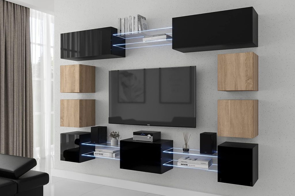 Furnitech Wohnwand Wohnzimmer - Wohnzimmer Möbel mit LED RGB - 16 Farben - Hängend Wohnwand Modern - Regale und TV Schrank (Future C80N-21BS-HGM25)