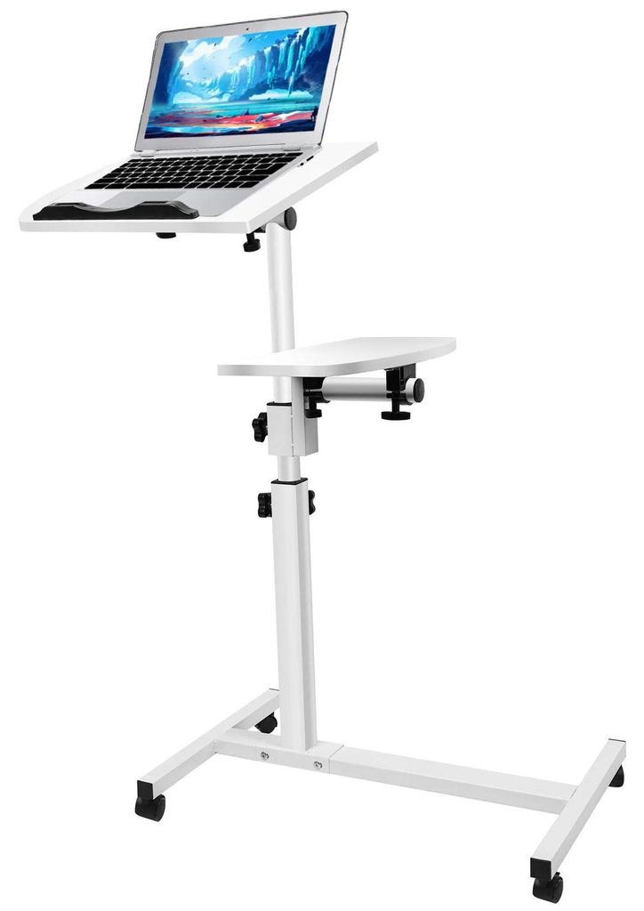 Rolltisch fürs Bett - Laptop Computertisch auf Rollen - Höhenverstellbar - Klappbar 60 x 40 cm - Metallrahmen mit Anti-Rutsch-Leiste - Weiß