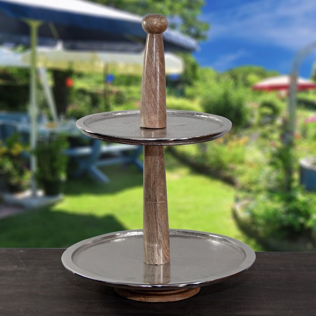 Etagere, 2 Etagen, Aluminium, Holzapplikation, gebürstet, Auslage