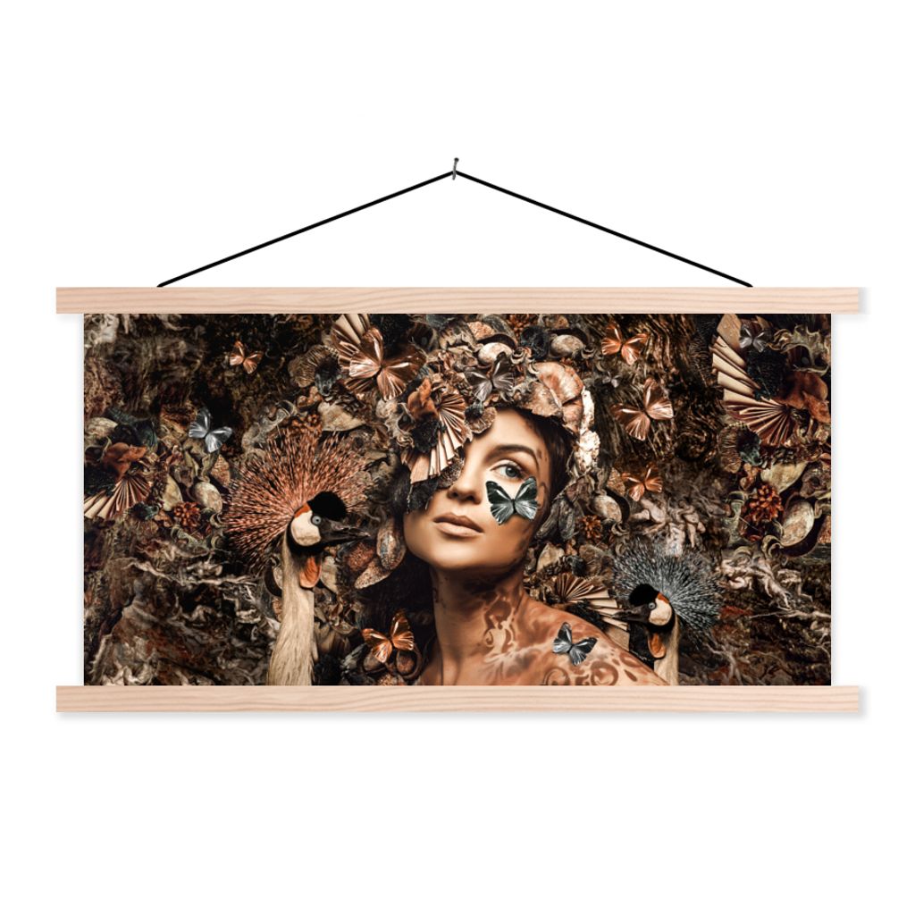 MuchoWow Textilposter Luxus - Frau - Tiere - Schmetterlinge - Vögel 120x60 cm mit holzfarbenen Rahmen - Klemmleiste