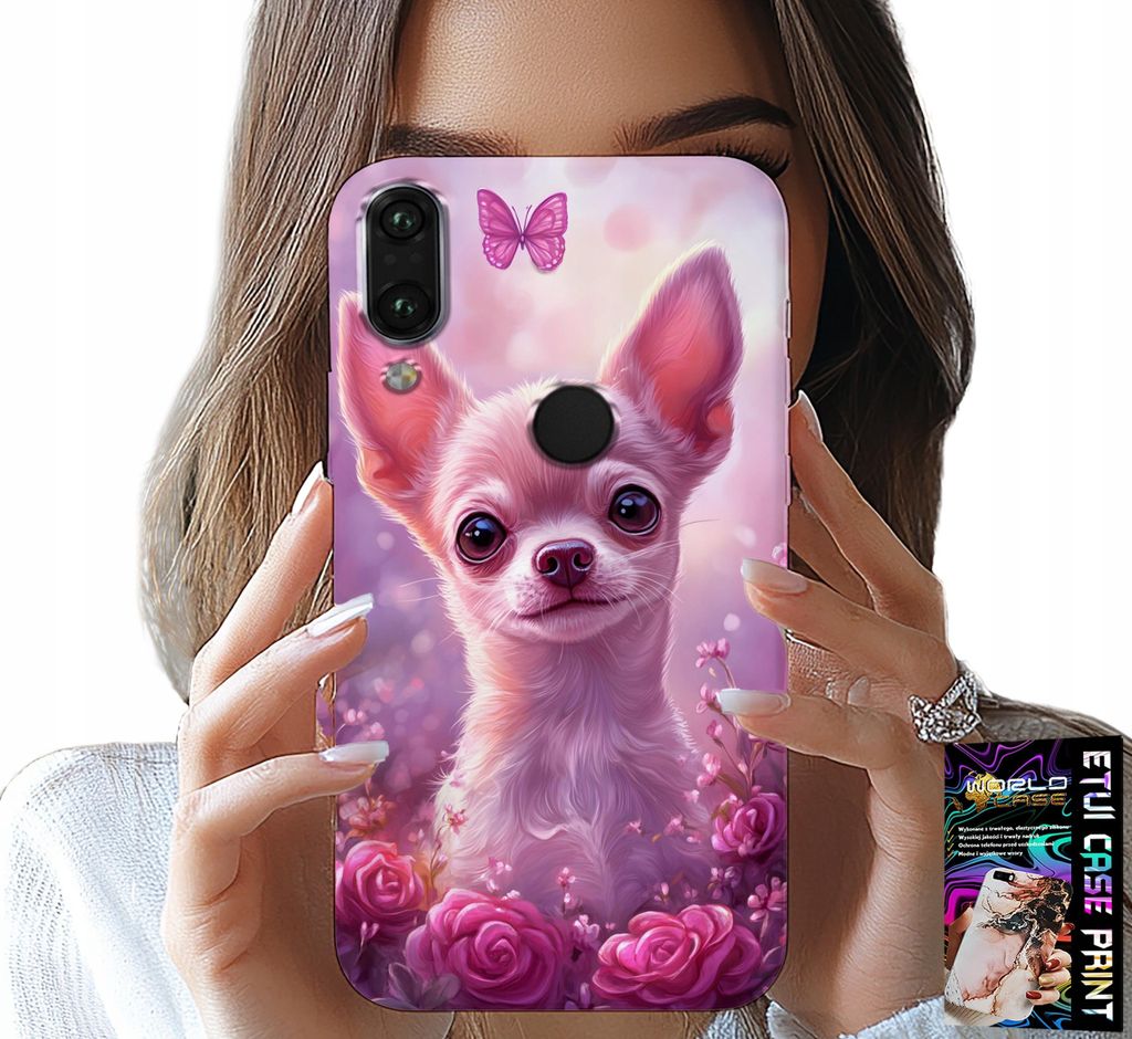 Hülle Für Xiaomi Note 7 - Süsser Chihuahua Auf Rosa Hintergrund Mit Blumen